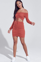 Do or Dye Off Shoulder Crop Top Set - Rust