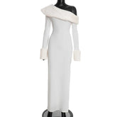 Fur Collar Off One Shoulder Bodycon Dress
