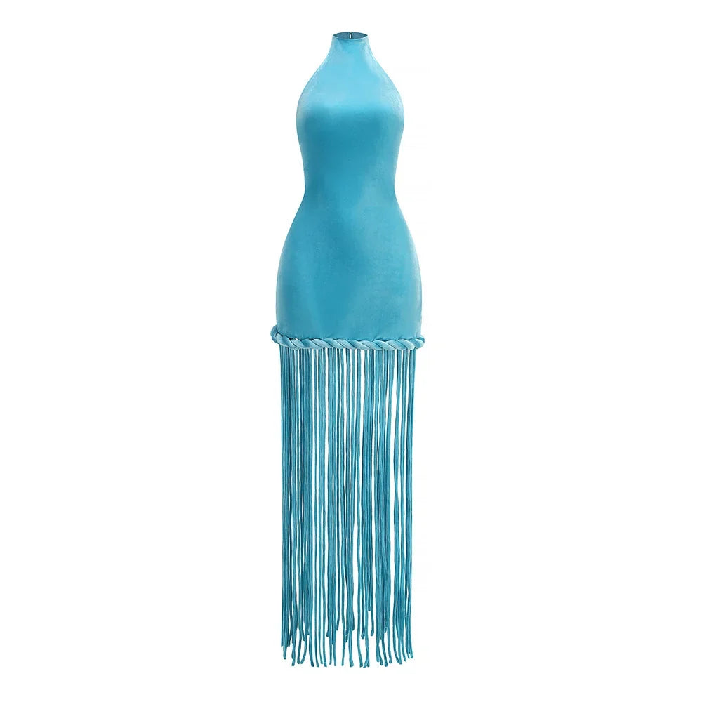 Glamour Velvet Fringe Maxi Dress