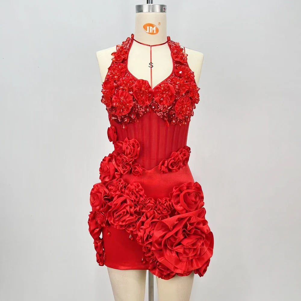 Floral Halter Sequins Mini Dress