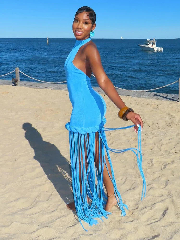 Glamour Velvet Fringe Maxi Dress