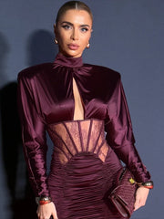 Burgundy Satin Corset Ruched Dress