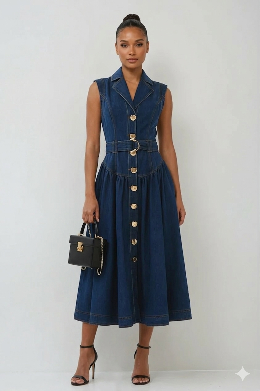 Belted Denim Maxi Dress
